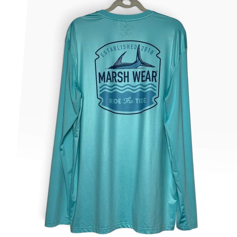 Marsh Wear Mens Long Sleeve Performance Shirt Aqua Blue Ride The Tide Fishing XL